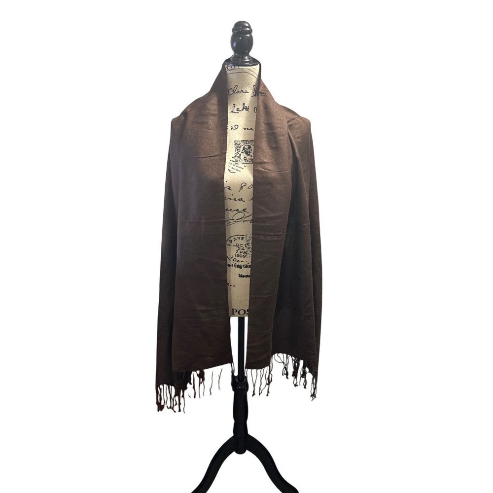 Elegant Brown Pashmina Scarf Wrap With Fringe Detail Soft Lightweight Material V